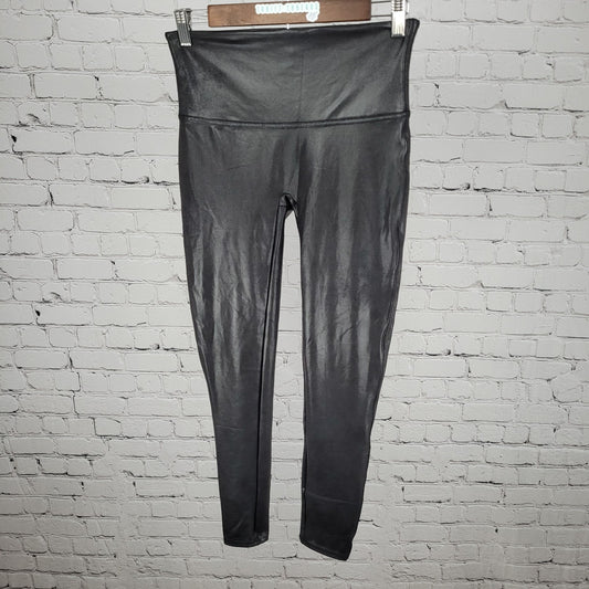 Spanx Black Faux Leather Stretch Slimming Shaping Leggings Size Large L