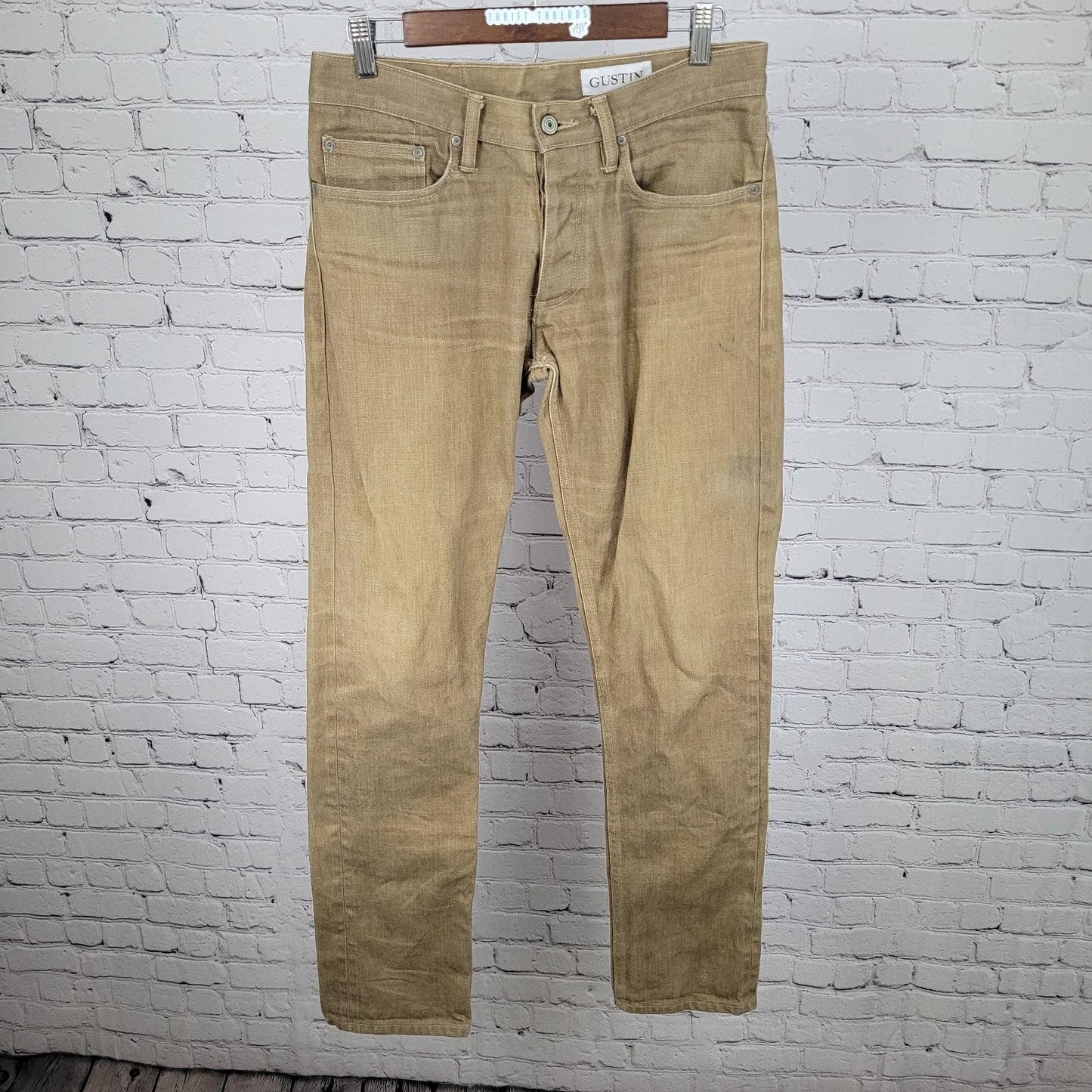 Gustin Tan Denim Slim Fit Raw Finish Button Fly Jeans USA Made Size 32 (30x33.5)