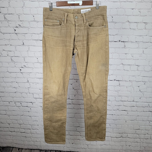 Gustin Tan Denim Slim Fit Raw Finish Button Fly Jeans USA Made Size 32 (30x33.5)