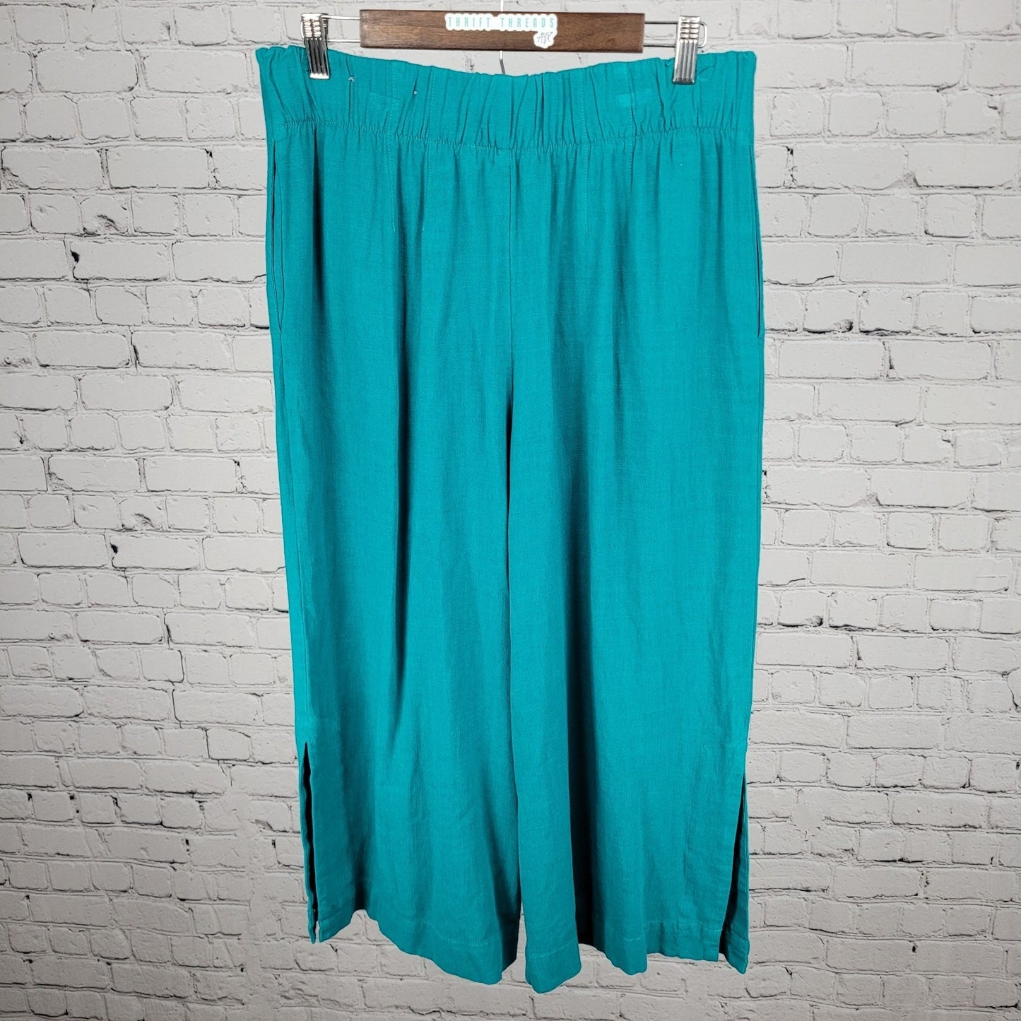 Soft Surroundings Blue Linen Blend High Rise Wide Leg Crop Pants Medium (32x21)