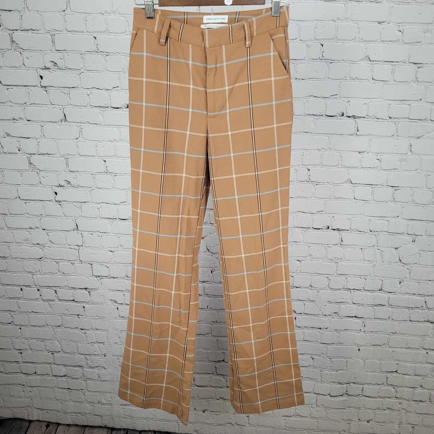 Urban Outfitters Tan Plaid Check Mid Rise Flare Vintage Modern Pants 2 (25x31.5)