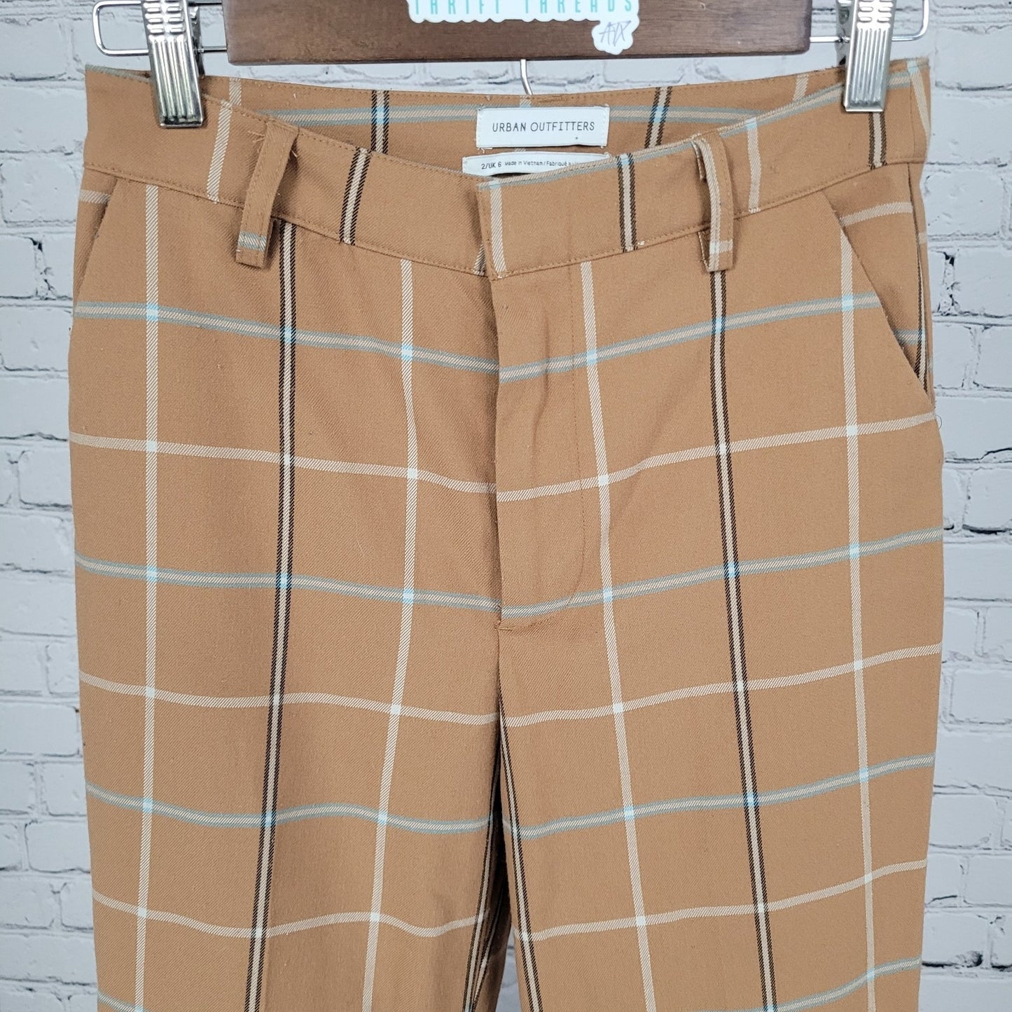 Urban Outfitters Tan Plaid Check Mid Rise Flare Vintage Modern Pants 2 (25x31.5)