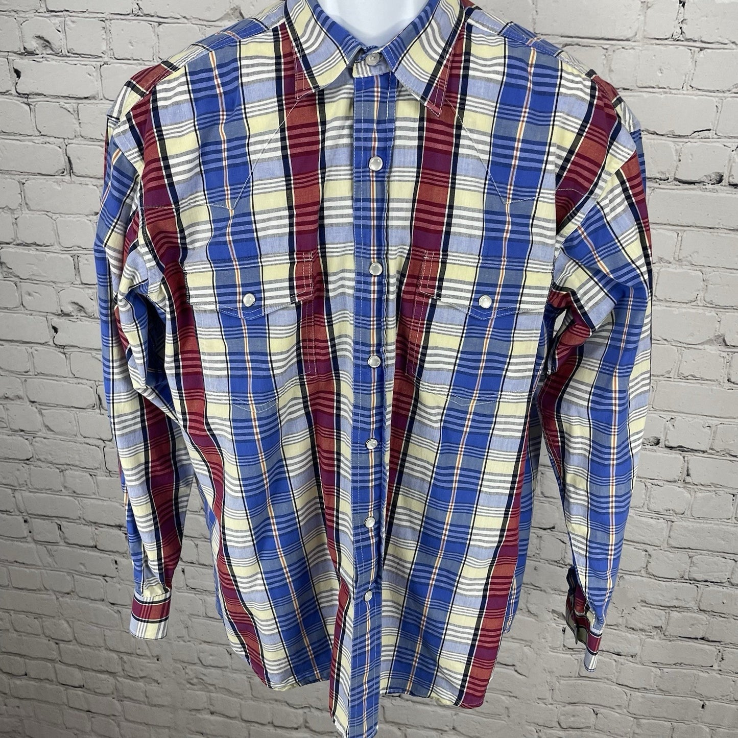 Rafter C Ranchwear Upcycled Blue Plaid Pearl Snap Long Sleeve Shirt Size Large L