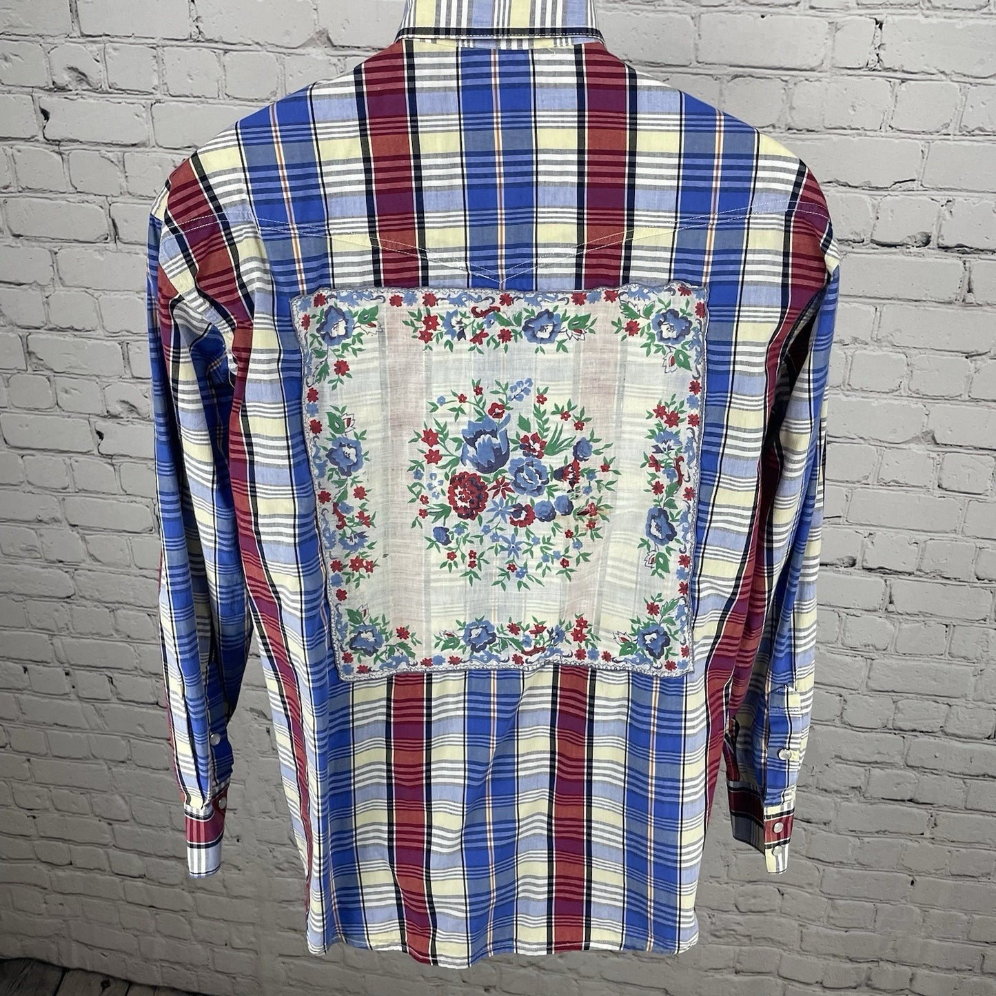Rafter C Ranchwear Upcycled Blue Plaid Pearl Snap Long Sleeve Shirt Size Large L