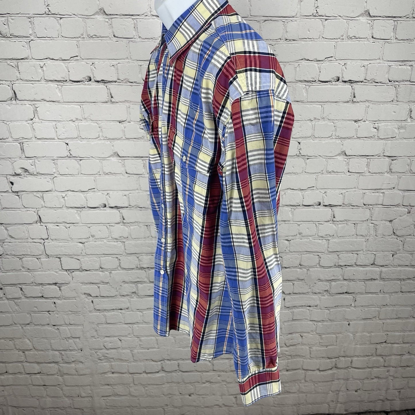 Rafter C Ranchwear Upcycled Blue Plaid Pearl Snap Long Sleeve Shirt Size Large L
