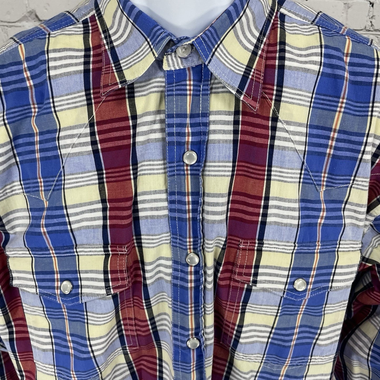 Rafter C Ranchwear Upcycled Blue Plaid Pearl Snap Long Sleeve Shirt Size Large L