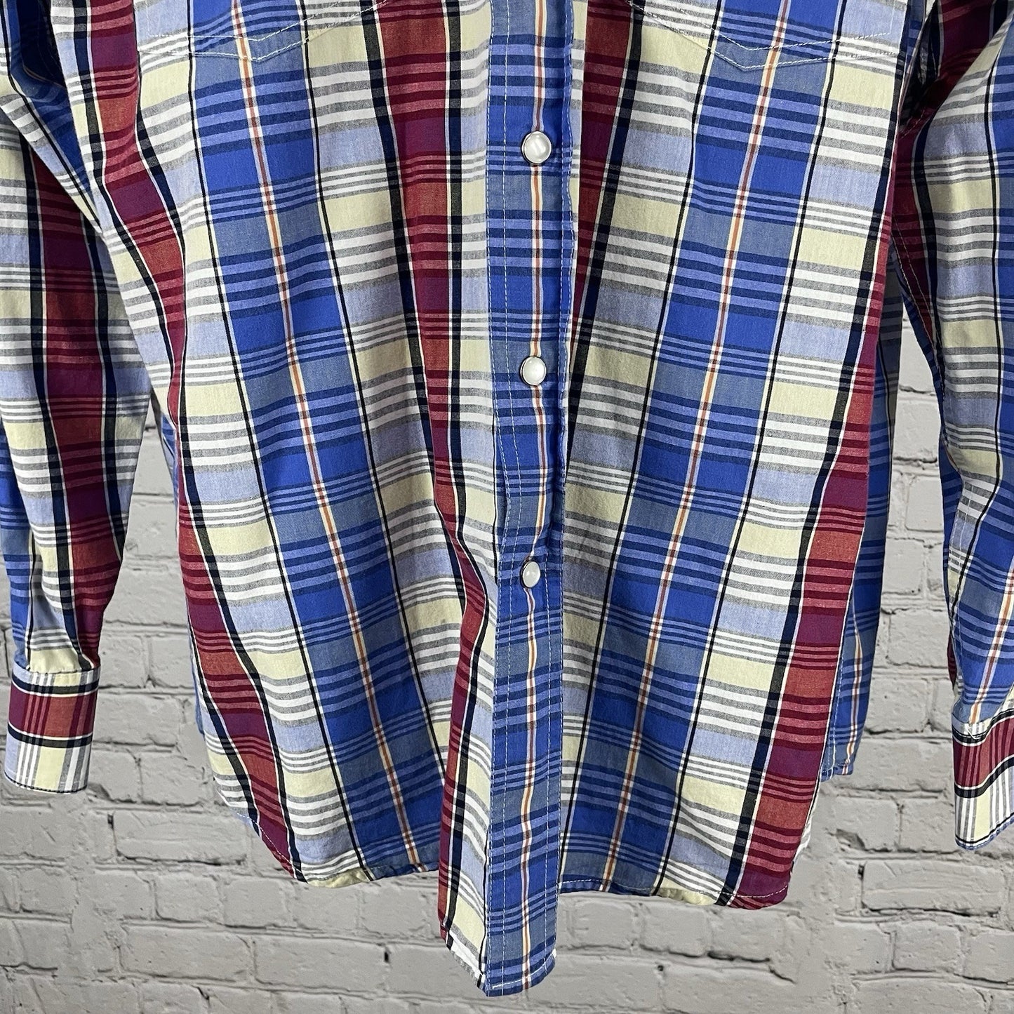 Rafter C Ranchwear Upcycled Blue Plaid Pearl Snap Long Sleeve Shirt Size Large L