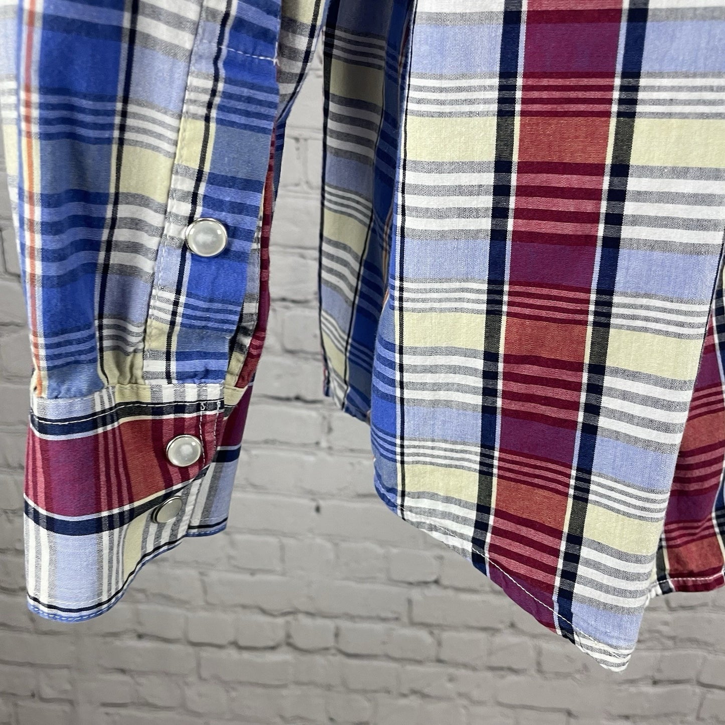 Rafter C Ranchwear Upcycled Blue Plaid Pearl Snap Long Sleeve Shirt Size Large L