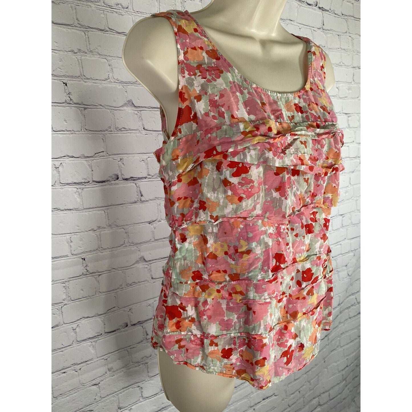 Calvin Klein Silk Blend Colorful Layered Ruffle Sleeveless Blouse Side Zip M